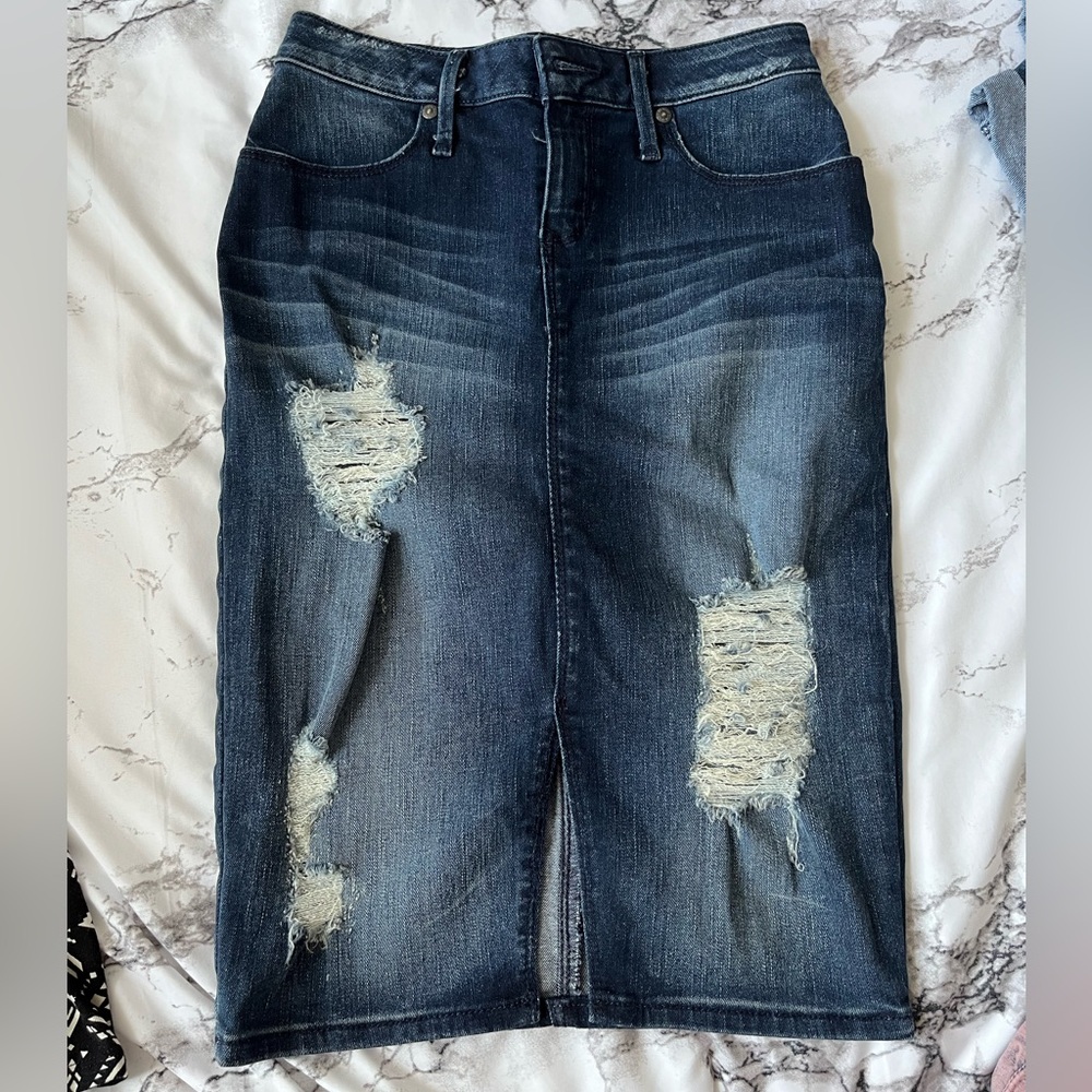 Guess Knee Length Distressed Jean Skirt